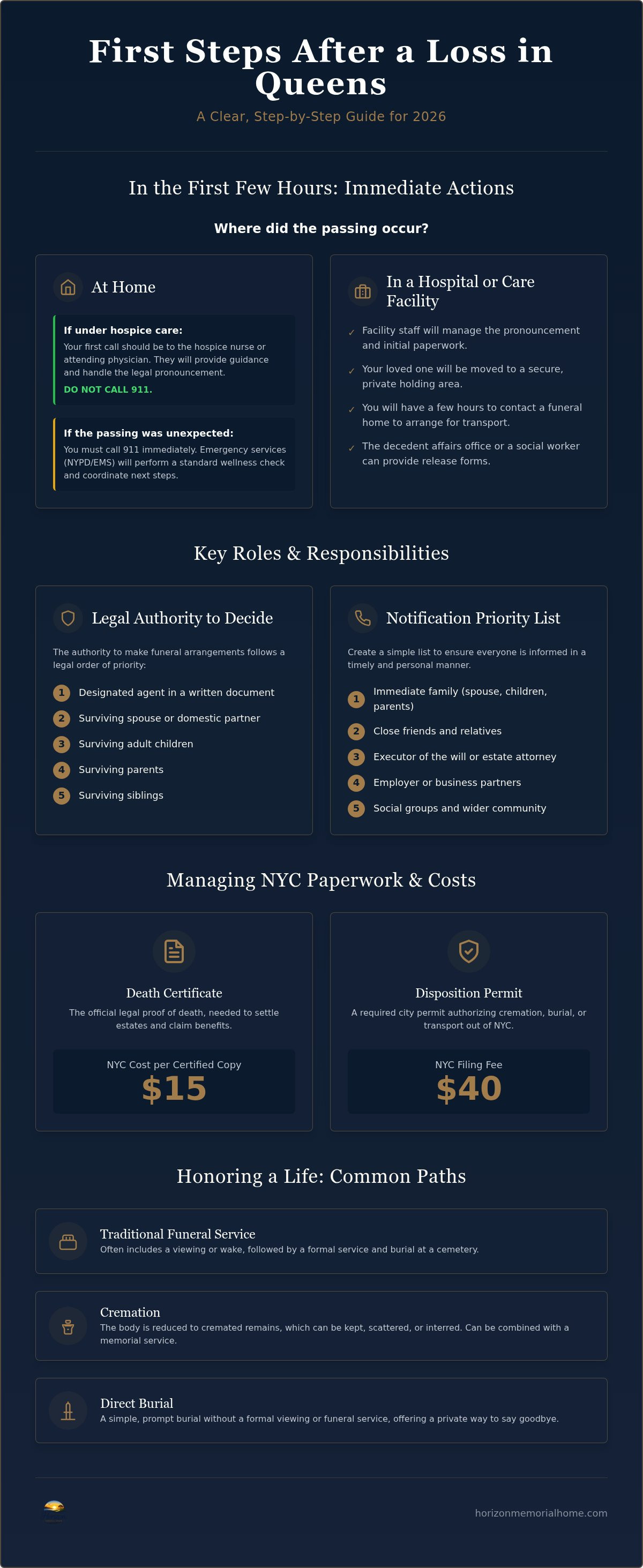 Information graphic for First Steps After a Death in Queens: A Compassionate Checklist for 2026