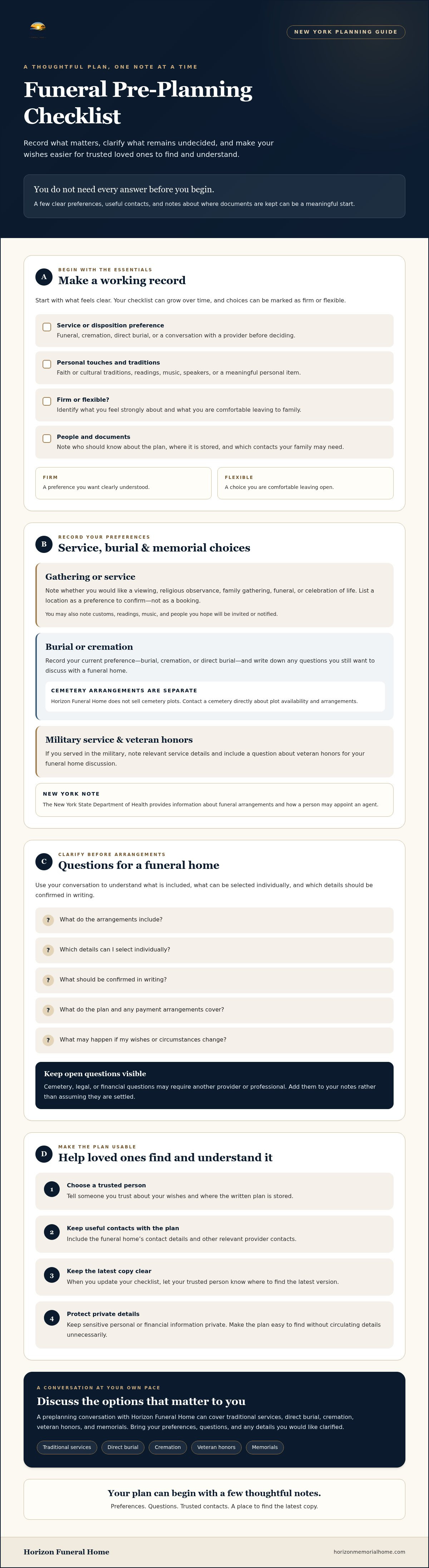 Information graphic for NY Funeral Pre-Planning Checklist: Decisions & Documents